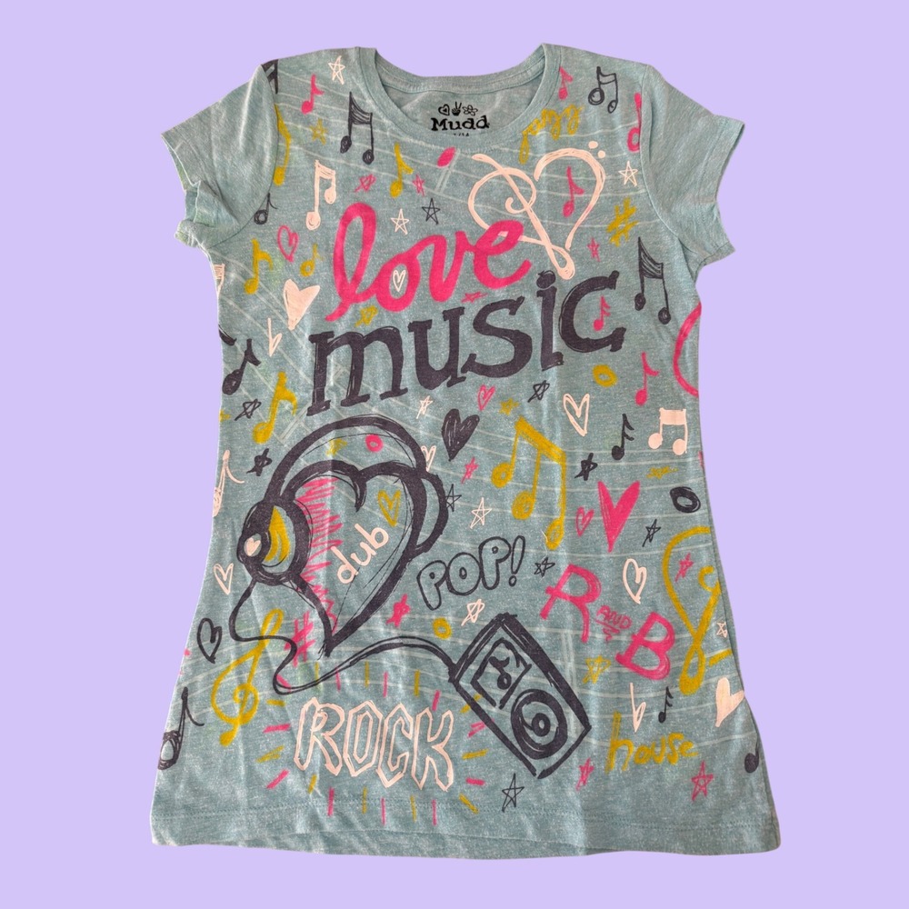 Y2K Mudd Love Music Graphic Baby Tee Blue Short Sleeve T-Shirt Scene Cute #19